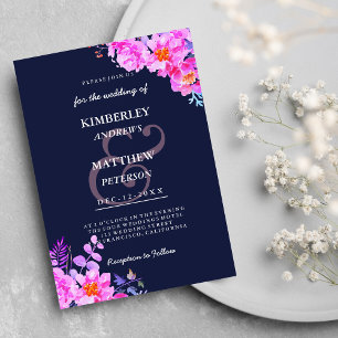 Navy blue bright pink watercolor floral Wedding Invitation