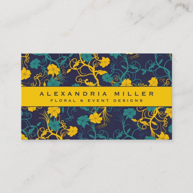 Navy Blue & Bright Yellow Floral Design Business Card (Front)