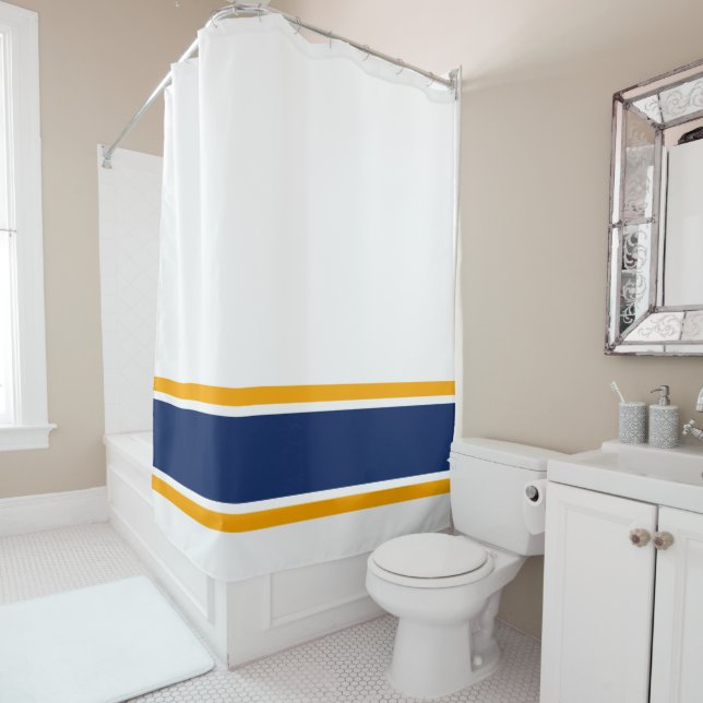 Navy Blue Bright Yellow Racing Stripes On White Shower Curtain (In Situ)