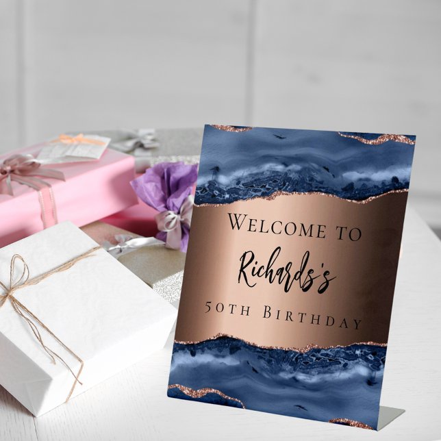 Navy blue bronze agate birthday welcome pedestal sign (Creator Uploaded)