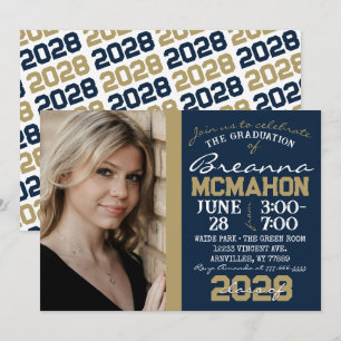 Navy Blue & Bronze Graduation Photo Invitation