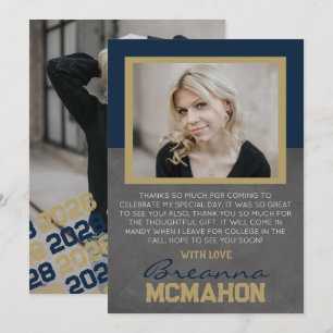 Navy Blue & Bronze Graduation Photo Thank You Card