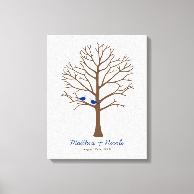 Navy Blue Brown Birds Fingerprint Tree Wedding Canvas Print (Front)