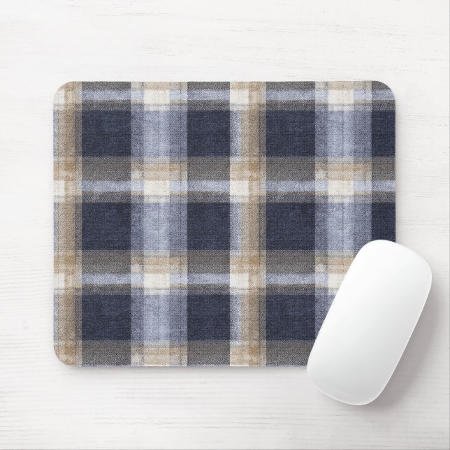 Navy Blue Brown Cream Plaid Stripes Mouse Mat (With Mouse)