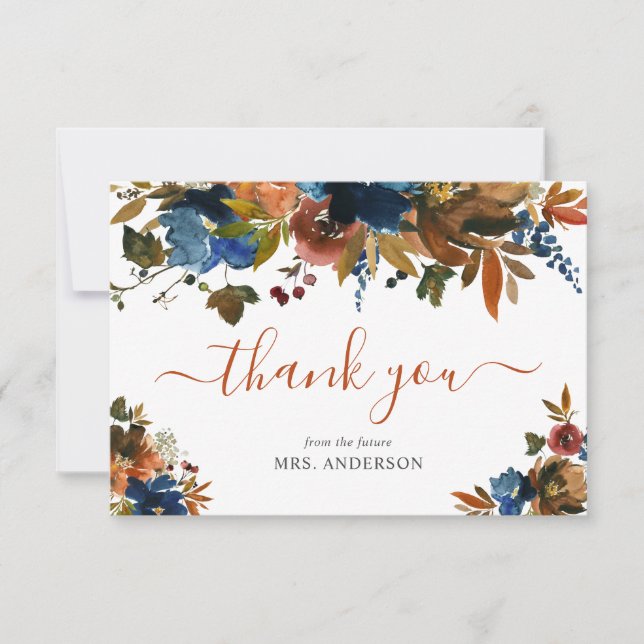 Navy Blue Brown Fall in Love Autumn Bridal Shower Thank You Card (Front)