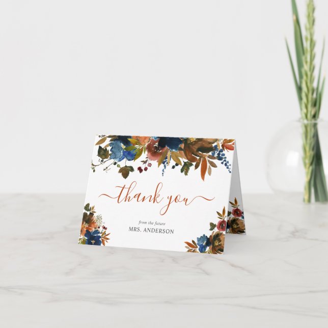 Navy Blue Brown Fall in Love Autumn Bridal Shower Thank You Card (Front)