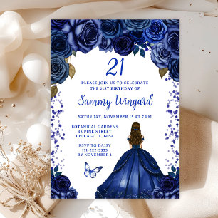 Navy Blue Brown Hair Princess Birthday Party Invitation