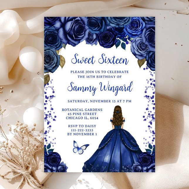 Navy Blue Brown Hair Princess Sweet Sixteen Invitation (Creator Uploaded)