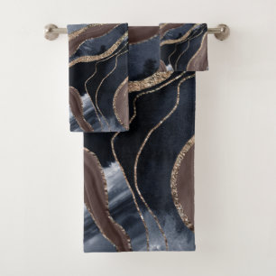 Navy Blue Brown Marble Agate Gold Glitter Glam #1  Bath Towel Set