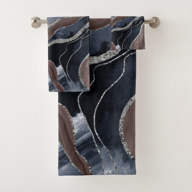 Navy Blue Brown Marble Agate Silver Glitter Glam 1 Bath Towel Set (Insitu)