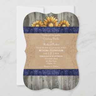 Navy Blue Brown Rustic Sunflower Wedding Invite