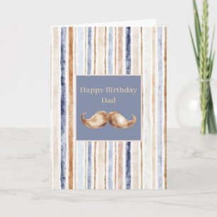 Navy Blue Brown Stripes Moustache Birthday Card