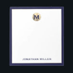 Navy Blue Brushed Gold Monogram Notepad<br><div class="desc">Elevate your note-taking game with this luxurious personalised notepad featuring a brushed metallic gold monogram initial at the top and your name in classic typography at the bottom, elegantly framed in navy blue trim. Perfect for jotting down ideas, taking notes or making lists, this notepad makes a great gift for...</div>