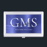 Navy Blue Brushed Metal 3 Monogram Script Business Card Holder<br><div class="desc">Modern Elegant Navy Blue Brushed Metal Monogram Script Business Card Case</div>