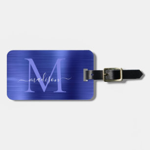 Navy Blue Brushed Metal Girly Script Monogram Cute Luggage Tag