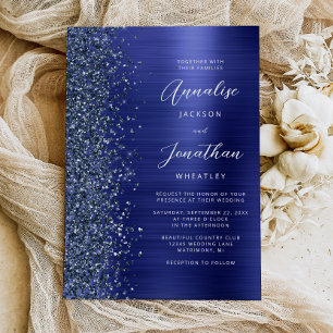 Navy Blue Brushed Metal Glitter Script Wedding Invitation