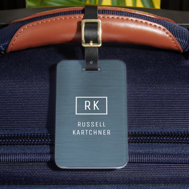 Navy Blue Brushed Metal Modern Monogram Luggage Tag (Front Insitu 2)
