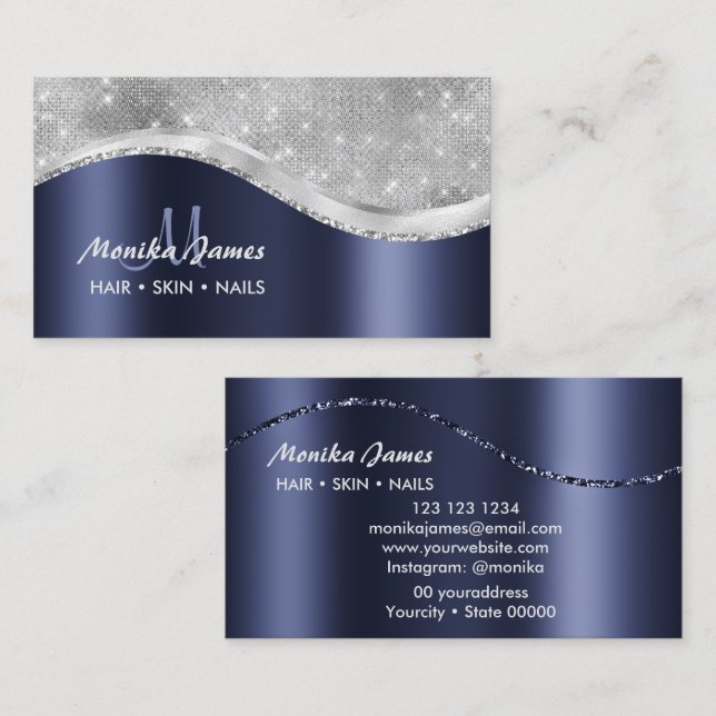 Navy Blue Brushed Metal Monogram Name and Initial Business Card (Front/Back)