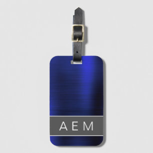 Navy Blue Brushed Metal Monogram Name and Initial Luggage Tag