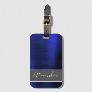 Navy Blue Brushed Metal Monogram Name Luggage Tag