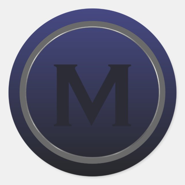 Navy Blue Brushed Silver Monogram Classic Round Sticker (Front)