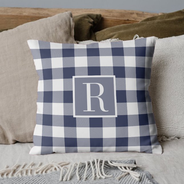 Navy Blue Buffalo Check Monogram Cushion (Creator Uploaded)