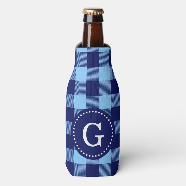 navy Blue Buffalo Plaid Bottle Cooler (Bottle Front)