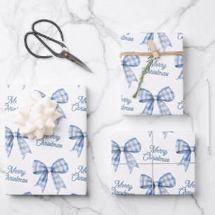 Navy Blue Buffalo Plaid Bow Check Merry Christmas Wrapping Paper Sheet