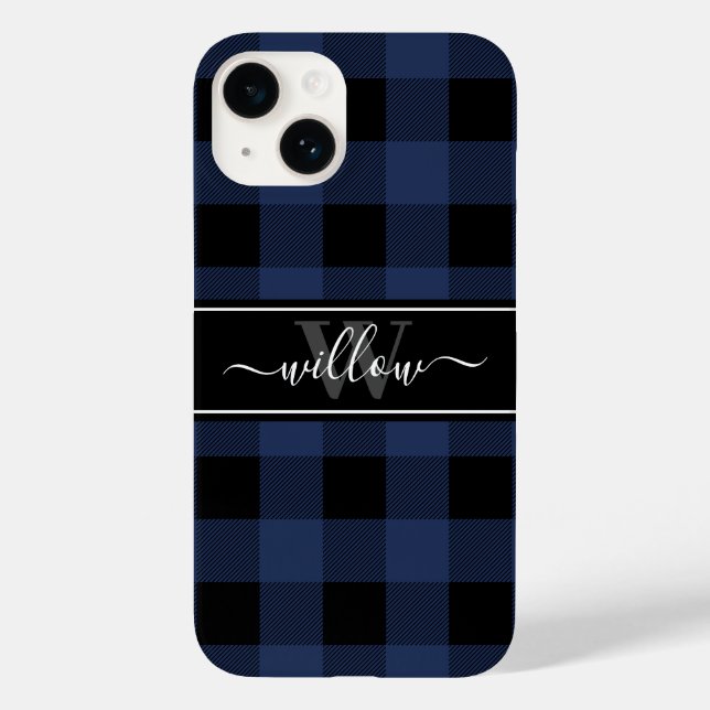 Navy Blue Buffalo Plaid Pattern Name Monogram Case-Mate iPhone Case (Back)
