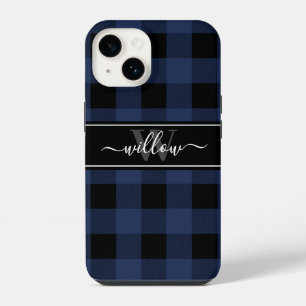 Navy Blue Buffalo Plaid Pattern Name Monogram iPhone 14 Case