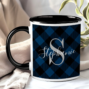 Navy Blue Buffalo Plaid Rustic Monogram Name Mug
