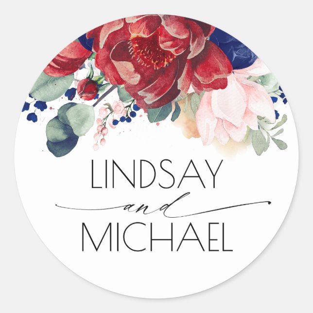 Navy Blue Burgundy and Blush Floral Elegant Classic Round Sticker (Front)