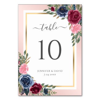 Navy Blue Burgundy and Blush Floral Table Number
