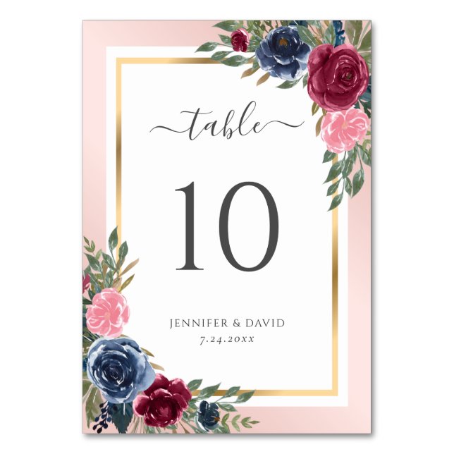 Navy Blue Burgundy and Blush Floral Table Number (Front)