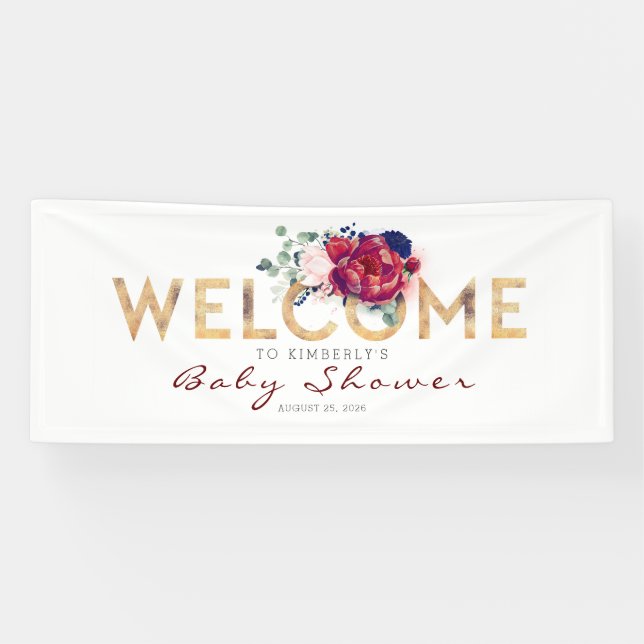 Navy Blue Burgundy and Gold Baby Shower Banner (Horizontal)