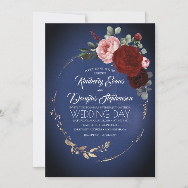 Navy Blue Burgundy and Gold Floral Boho Wedding Invitation (Front)