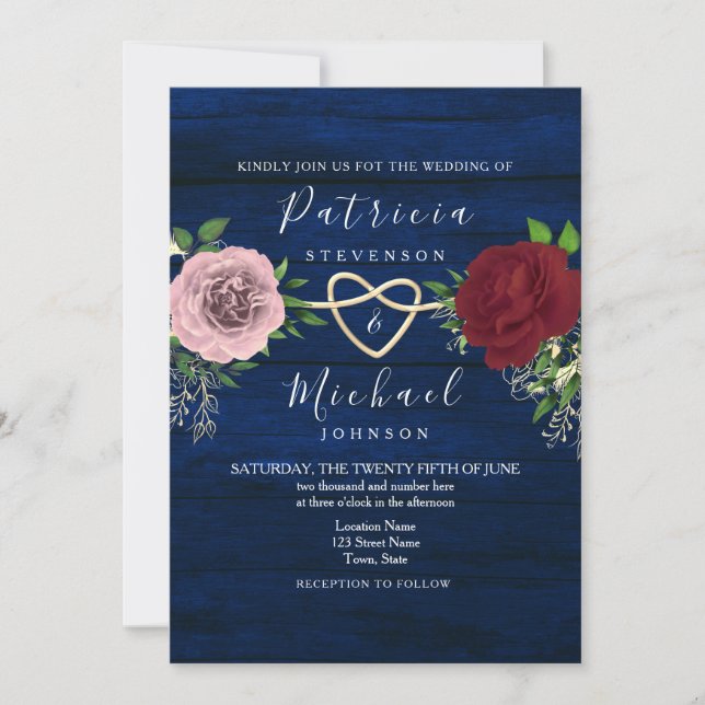 Navy Blue Burgundy and Pink Floral Rustic Wedding Invitation (Front)