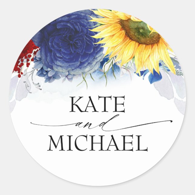 Navy Blue Burgundy and Yellow Sunflower Wedding Classic Round Sticker (Front)
