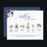 Navy Blue Burgundy Berry Wedding Program Timeline<br><div class="desc">Elegant modern timeline program with watercolor images. Use of modern elegant hand written calligraphy details. Hand painted watercolor timeline images in golden hues with delicate floral details coordinating to bouquet on the corner. Flowers in burgundy, berry, dusty blue and navy tones. Ability to customise information on the back to suit...</div>