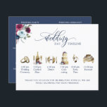 Navy Blue Burgundy Berry Wedding Program Timeline<br><div class="desc">Elegant modern timeline program with watercolor images. Use of modern elegant hand written calligraphy details. Hand painted watercolor timeline images in golden hues with delicate floral details coordinating to bouquet on the corner. Flowers in burgundy, berry, dusty blue and navy tones. Ability to customise information on the back to suit...</div>