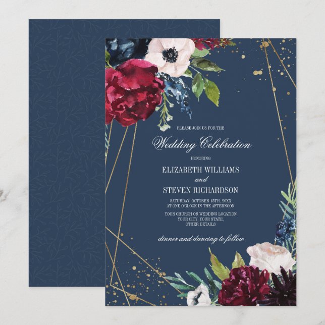 Navy Blue | Burgundy Bloom Geometric Wedding Invitation (Front/Back)