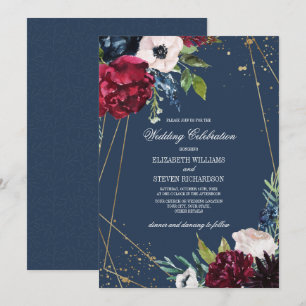 Navy Blue Burgundy Bloom Geometric Wedding Invitation