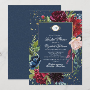 Navy Blue, Burgundy Bloom Watercolor Bridal Shower Invitation