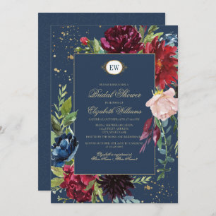 Navy Blue, Burgundy Bloom Watercolor Bridal Shower Invitation