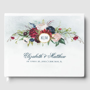 Navy Blue   Burgundy Bloom Watercolor Wedding Guest Book
