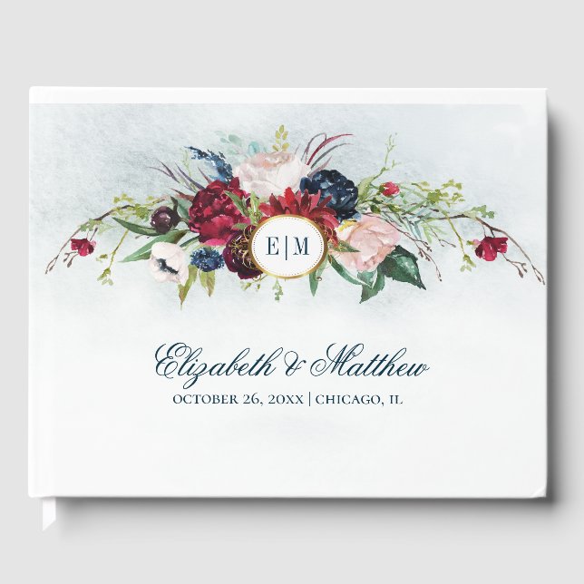 Navy Blue | Burgundy Bloom Watercolor Wedding Guest Book (Front)