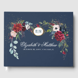 Navy Blue   Burgundy Bloom Watercolor Wedding Guest Book