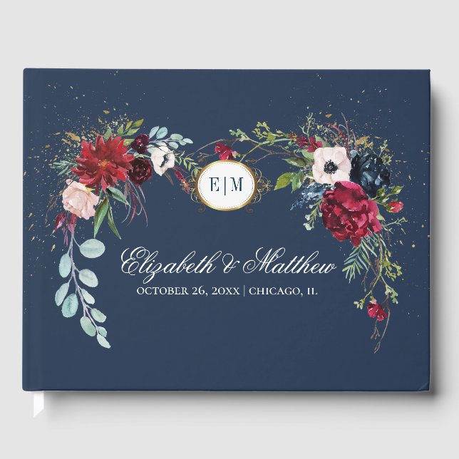 Navy Blue | Burgundy Bloom Watercolor Wedding Guest Book (Front)