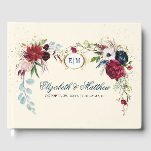 Navy Blue   Burgundy Bloom Watercolor Wedding  Guest Book
