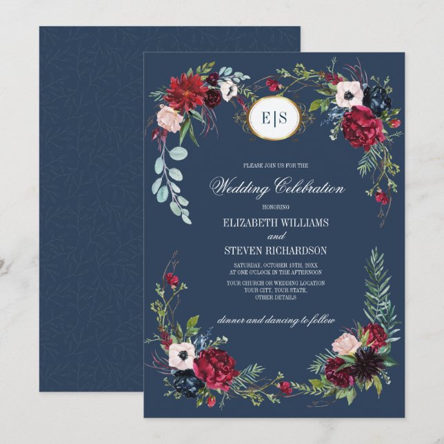 Navy Blue | Burgundy Bloom Watercolor Wedding Invitation (Front/Back)